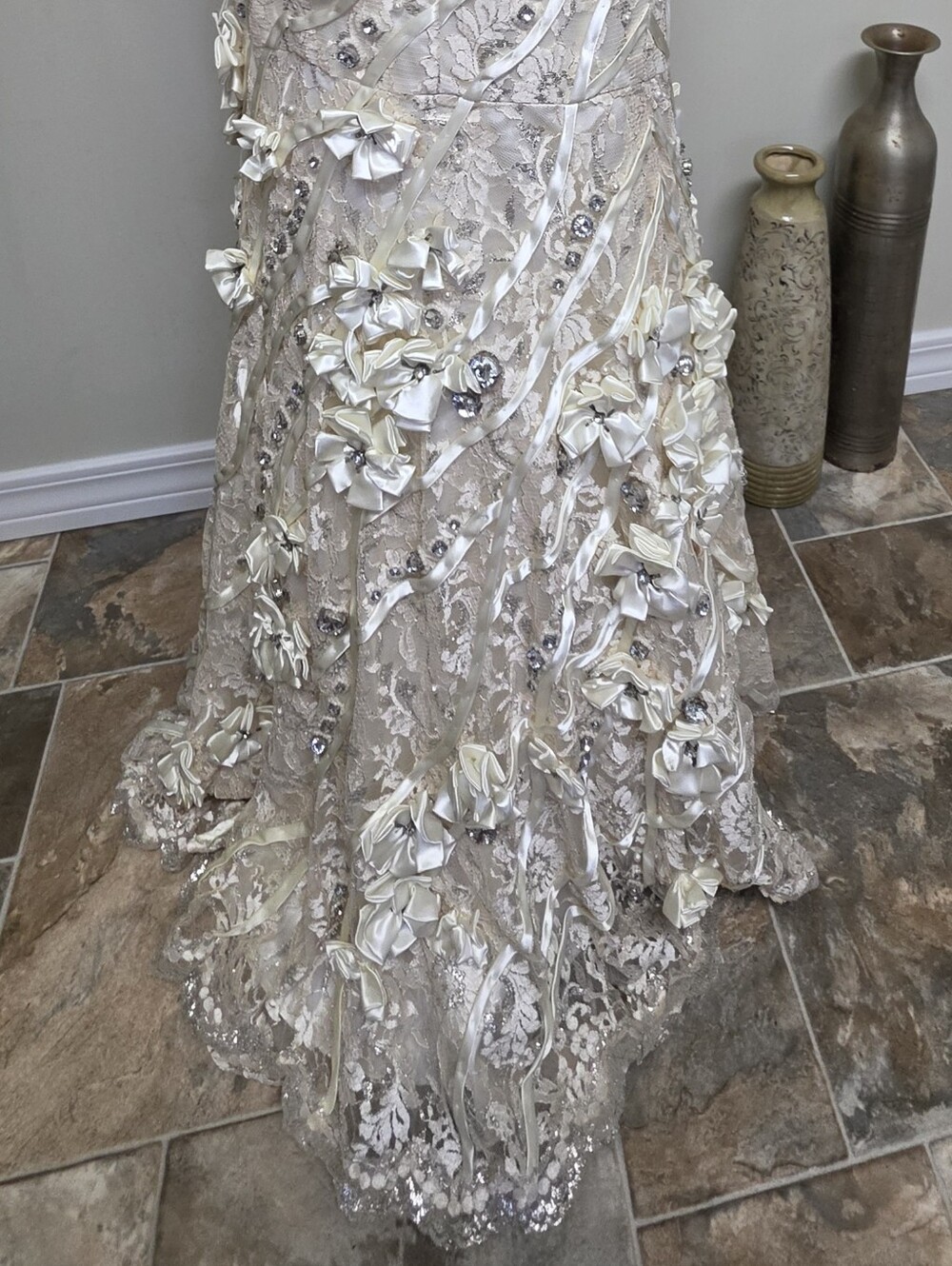Elegant OOAK Couture Ivory Floral Appliqué Gown with Crystal Accents - Picture 11 of 12